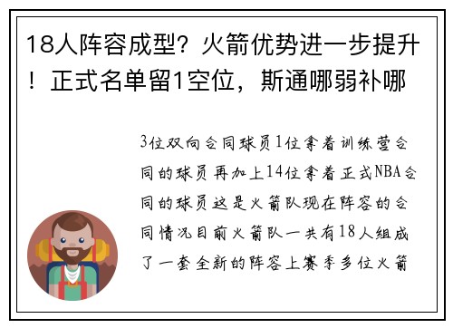 18人阵容成型？火箭优势进一步提升！正式名单留1空位，斯通哪弱补哪